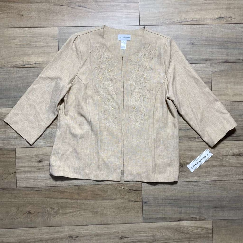 Alfred Dunner Women’s 3/4 Sleeve Open Front Embroidered Blazer Jacket 16 Almond